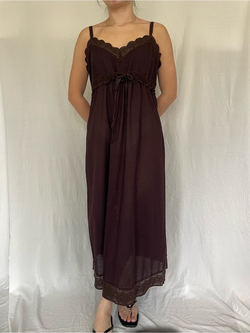 90's Vintage Victoria's Secret Brown lace trim maxi cotton dress - Picture 2 of 9